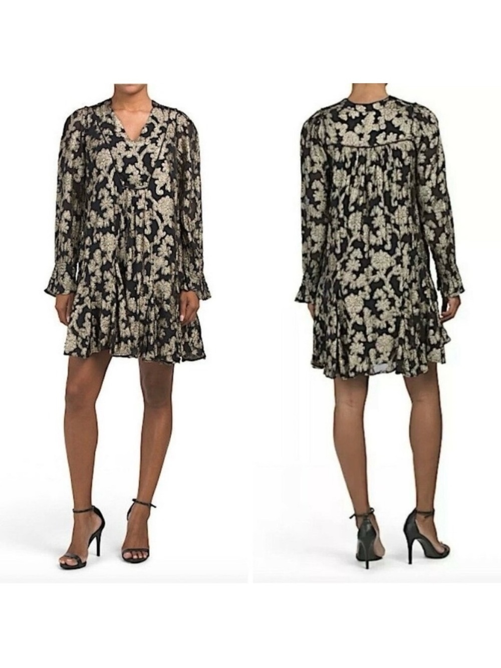 By Anthropologie Gold Foil Floral Metallic Long Sleeve Tunic Shift Dress XS NWT